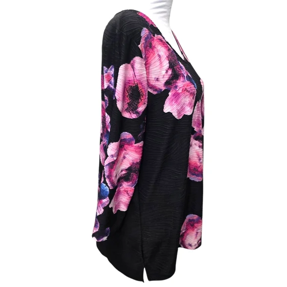 Chico's Black And Pink Floral Top 3/4 Sleeves Size 2 (Large) - Picture 4 of 10